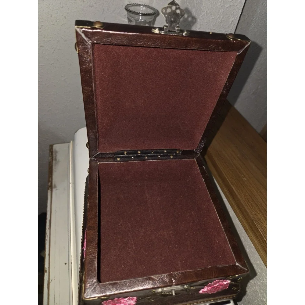 Brown Faux Leather Floral Decorative Box with Embroidered Flowers